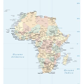 mapa do continente africano contendo cidades coloridas em tons de rosa, laranja, amarelo e verde, mar de tom azul com latitude e longitude