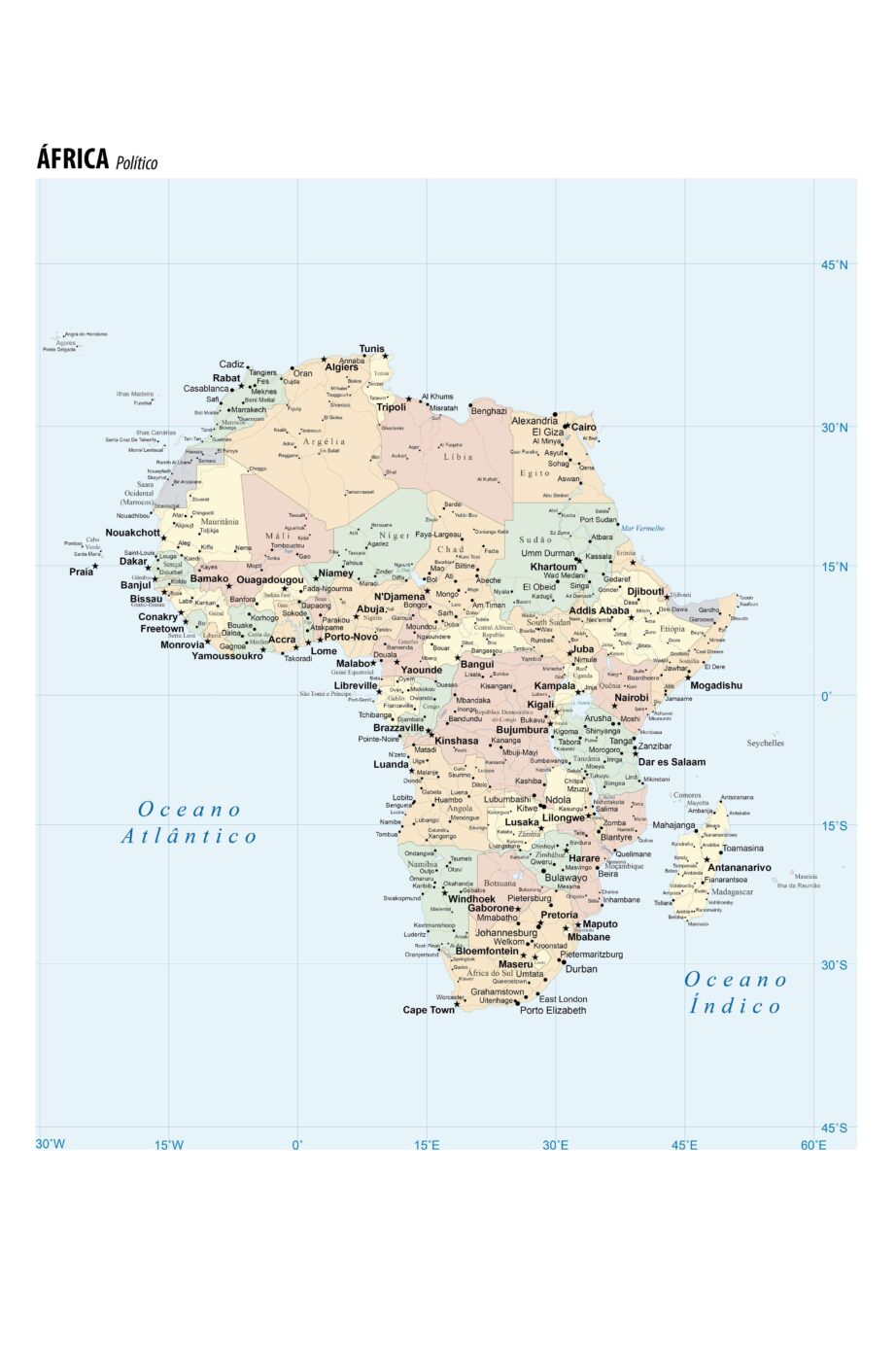 mapa do continente africano contendo cidades coloridas em tons de rosa, laranja, amarelo e verde, mar de tom azul com latitude e longitude