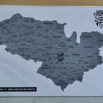 mapa retangular com moldura de alumínio de cidades de são paulo de ddd 17 com foco destacado em são josé do rio preto.