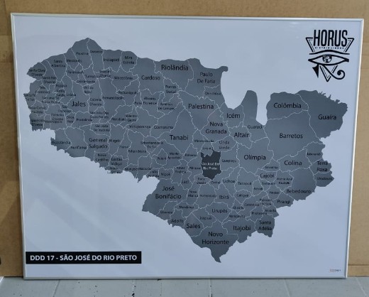 mapa retangular com moldura de alumínio de cidades de são paulo de ddd 17 com foco destacado em são josé do rio preto.