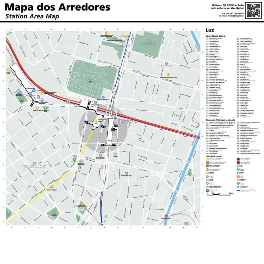 mapa da região do metro Luz, linha amarela, da via mobilidade