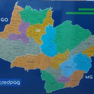 mapa de goiás e minas com mesorregiões coloridas em fundo azul