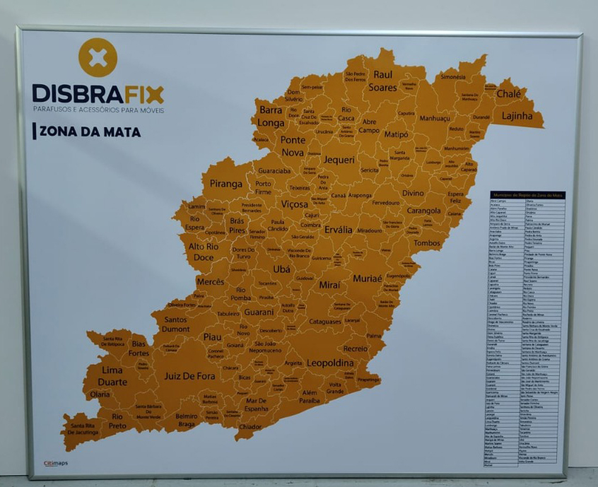ZONA DA MATA (MG) mapa cor laranja da região da zona da mata de minas gerais, com divisão de cidades, lista de cidades e logotipo