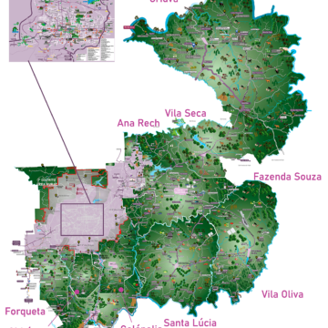mapa geral da região de caxias com informações de ruas e pontos turísticos ilustrados.