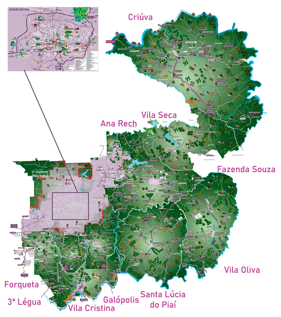 mapa geral da região de caxias com informações de ruas e pontos turísticos ilustrados.