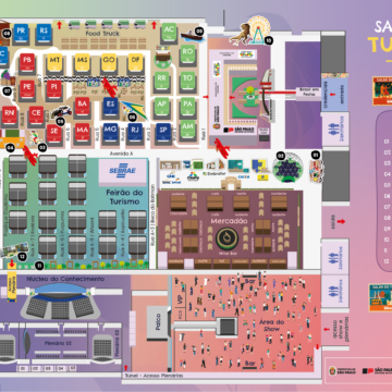 mapa ilustrado com fundo gradiente de cores rosa, roxo e verde com a planta baixa do salão do turismo 2025, composto com ilustrações que lembram angulatura de mapa de jogos 2d top-down.