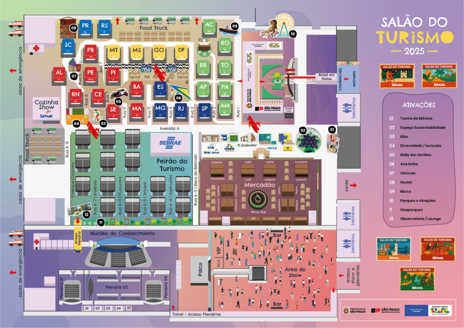 SALÃO DO TURISMO 2025 mapa ilustrado com fundo gradiente de cores rosa, roxo e verde com a planta baixa do salão do turismo 2025, composto com ilustrações que lembram angulatura de mapa de jogos 2d top-down.